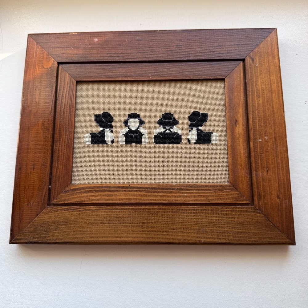 Vintage Framed, Handmade Cross-Stitch Piece - Amish children.